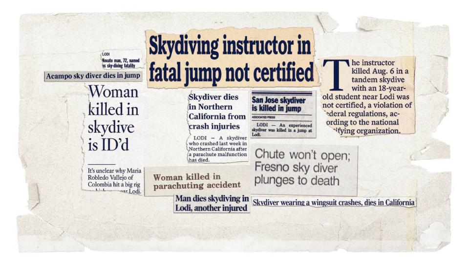 Newspaper clippings featuring tragedies from the Parachute Center skydiving facility at the Lodi Airport.