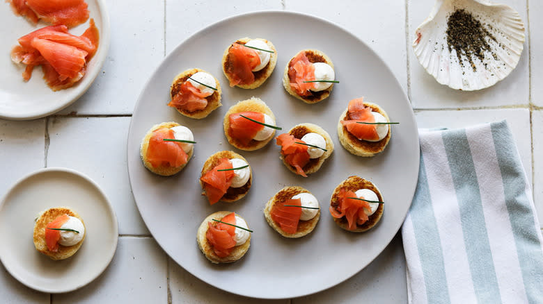 Smoked salmon bites appetizer on plate