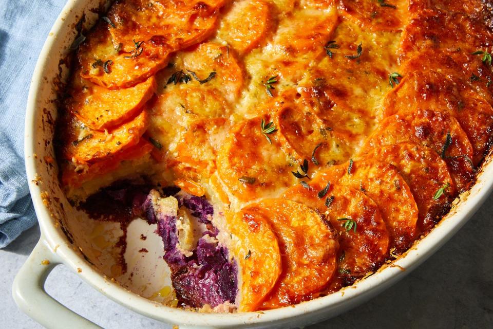 tri color sweet potato gratin with gruyere and thyme