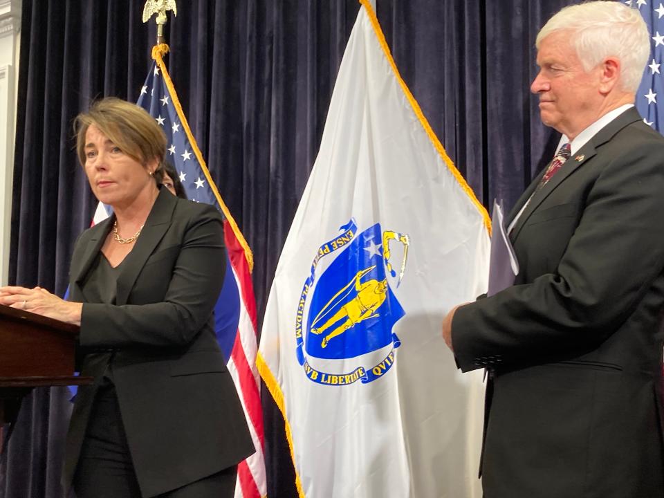 Gov. Maura Healey introduces her new Emergency Assistance Director Lt. General (Leon) Scott Rice, (Rte.) who has served in the U.S. Air Force and Air National Guard in this Oct. 16 photo. He is expected to coordinate the state's response to the diminished capacity at emergency shelters throughout the Commonwealth and the delayed response to the crisis by the federal government.