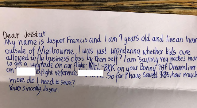 Jasper's note to Jetstar managed to score him a free upgrade to business class. Photo: Supplied