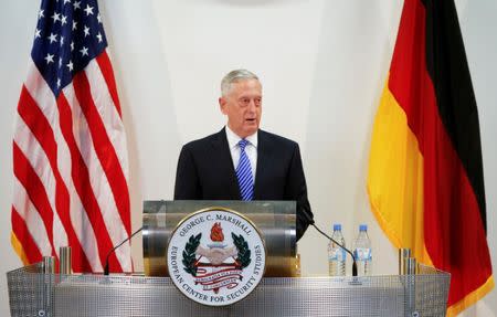 U.S. Defence Minister James N. Mattis talks at a press conference before the commemoration of the 70th anniversary of the Marshall Plan at the George C. Marshall Center in Garmisch-Partenkirchen, Germany June 28, 2017. REUTERS/Michaela Rehle