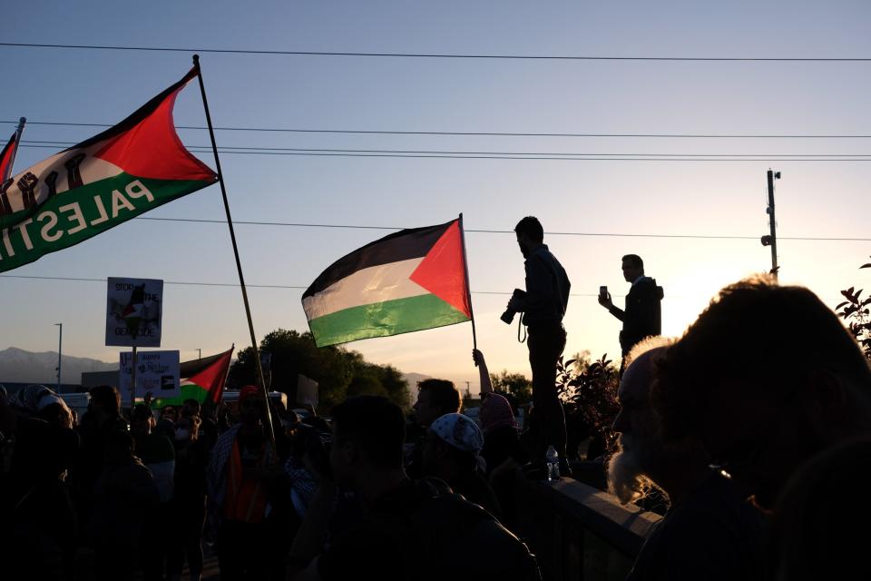 Pro-Palestine protesters gather outside of the Salt Lake County Jail in South Salt Lake after a student organizer was arrested on Tuesday, April 30, 2024.