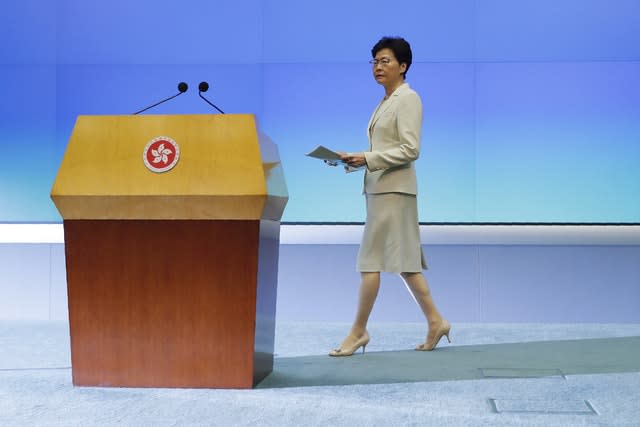 Hong Kong Chief Executive Carrie Lam arrives to give a press conference at the Legislative Council 