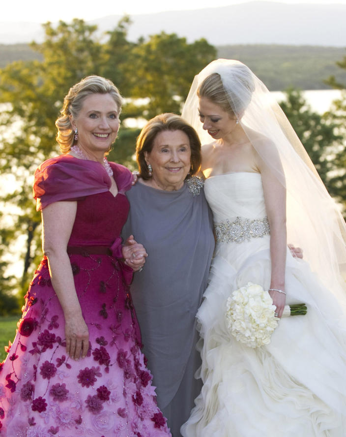 <p>Secretary of State Hillary Clinton and her mother, Dorothy Rodham, pose with Chelsea Clinton at her wedding to Marc Mezvinsky at the Astor Courts Estate in July 2010 in Rhinebeck, N.Y. (Photo: Barbara Kinney/FilmMagic/Getty)</p>