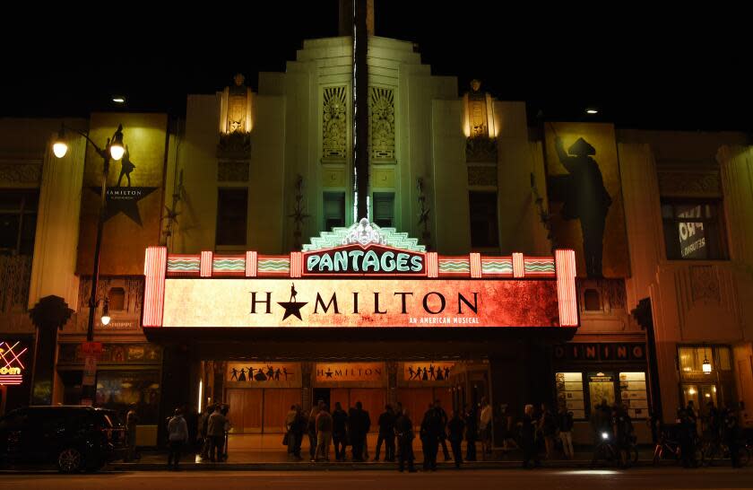 The Pantages Theatre marquee is pictured on the opening night of the Los Angeles run of "Hamilton: An American Musical" on Wednesday, Aug. 16, 2017, in Los Angeles. (Photo by Chris Pizzello/Invision/AP)