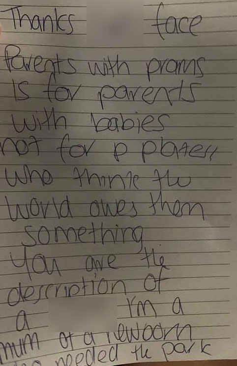 Note stuck on windshield of mum's car in Perth shopping centre car park.