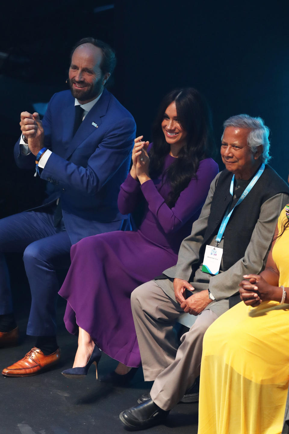 Britain's Meghan, Duchess of Sussex (C) attends the One Young World Summit opening ceremony at the Royal Albert Hall on October 22, 2019. - The One Young World Summit is a global forum for young leaders, bringing together 2,000 young people from over 190 countries around the world to accelerate social impact. One Young Worlds mission is to create the next generation of more responsible and effective leadership. (Photo by Gareth Fuller / POOL / AFP) (Photo by GARETH FULLER/POOL/AFP via Getty Images)