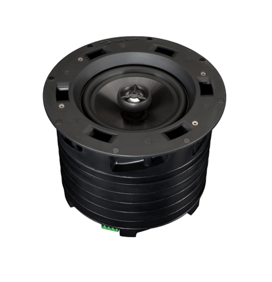 The Vanco in-ceiling speaker in black.