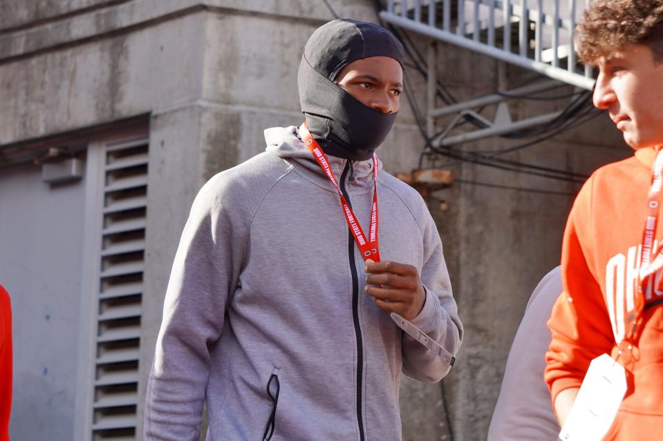 Ohio State commitment Jeremiah Smith, a wide receiver out of Opa Locka, Florida, and the top prospect in the 2024 class, enters Ohio Stadium to watch the Buckeyes play Penn State on Oct. 21, 2023.