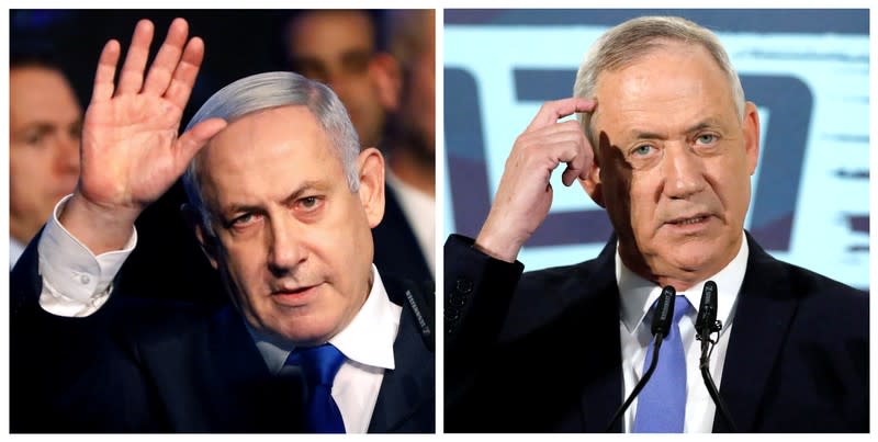 A combination picture shows Israeli Prime Minister Benjamin Netanyahu in Tel Aviv, Israel November 17, 2019, and leader of Blue and White party Benny Gantz in Tel Aviv, Israel November 20, 2019
