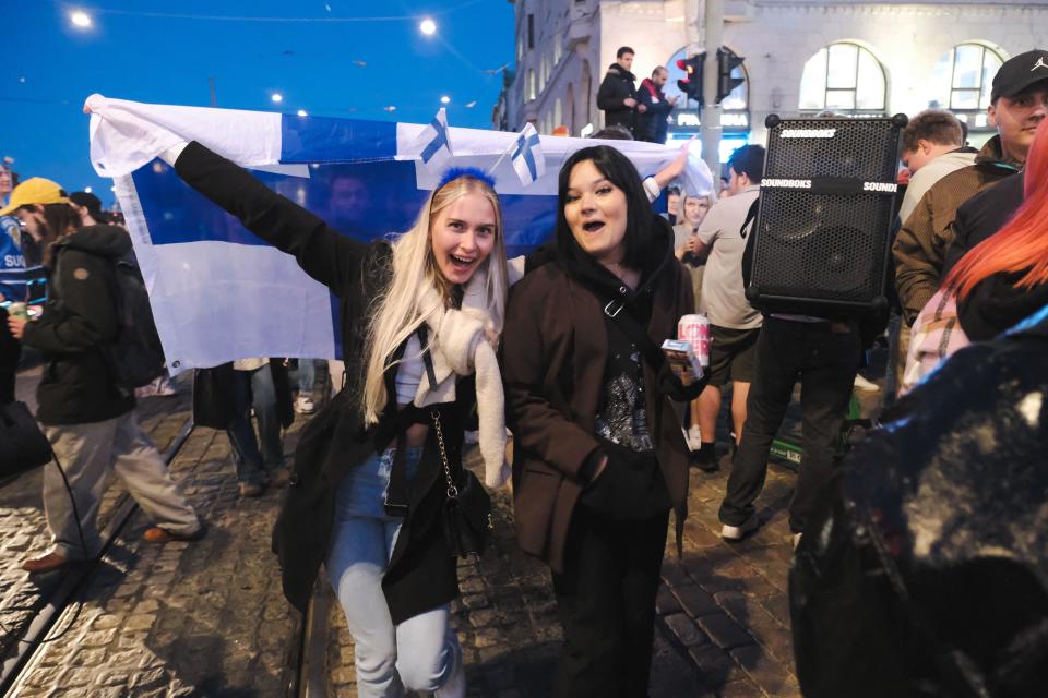 Ice hockey fans and revelers crowd Kauppatori square in Helsinki on May 29, 2022, to celebrate Finland winning the Ice Hockey World Championship over Canada. / Credit: Alessandro Rampazzo/AFP via Getty Images