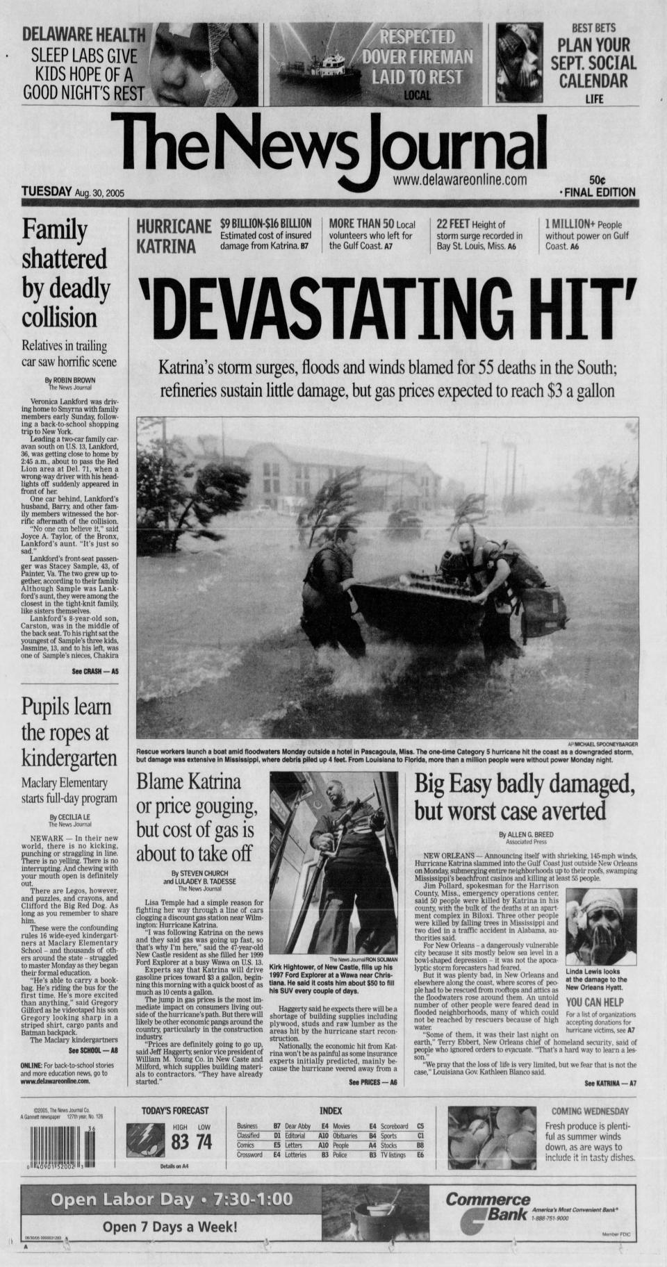 Front page of The News Journal from Aug. 30, 2005.