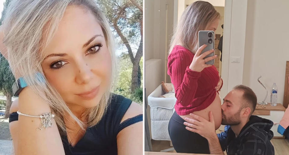 Left: Close up of Italian woman Laura Porta Right: Pregnant Laura Porta with her partner kissing her stomach