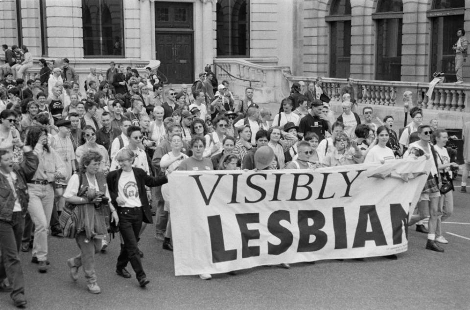 marchers carrying a banner with the words visibly lesbian, at the lesbian and gay pride event, waterloo place, london, 24th june 1995 photo by steve easonhulton archivegetty images