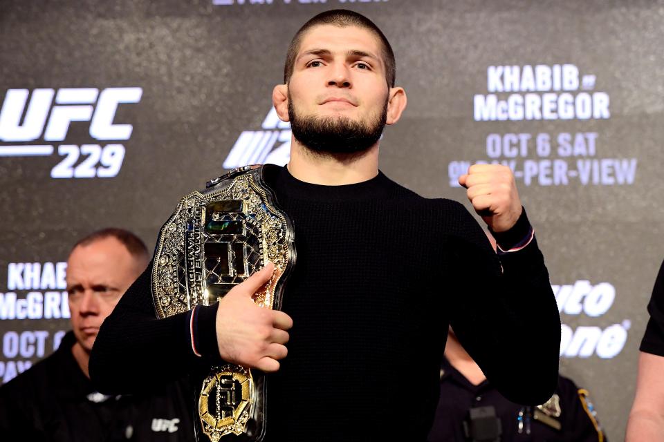 Lightweight Champion Khabib Nurmagomedov poses for photos during the UFC 229 Press Conference at Radio City Music Hall on September 20, 2018 in New York City.