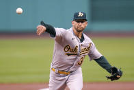 Oakland Athletics starting pitcher James Kaprielian delivers during the first inning of a baseball game against the Boston Red Sox, Wednesday, May 12, 2021, in Boston. (AP Photo/Charles Krupa)