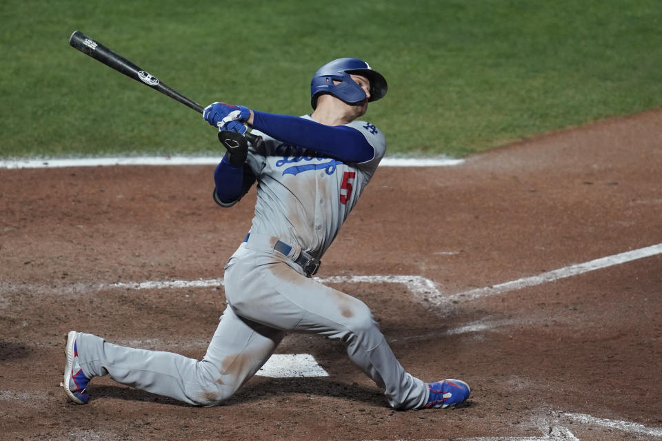 Los Angeles Dodgers' Corey Seager strikes out against the San Francisco Giants during the eighth inning of Game 5 of a baseball National League Division Series Thursday, Oct. 14, 2021, in San Francisco. (AP Photo/Eric Risberg)