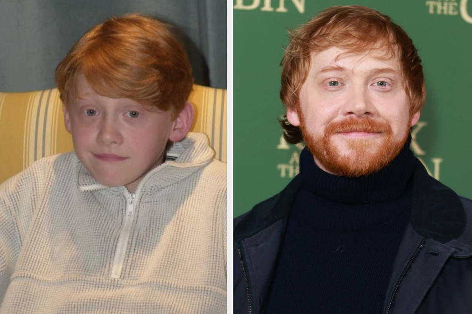 Rupert Grint sits during a "Harry Potter and the Sorcerer's Stone" news conference  in London, Rupert Grint arries at the "Knock At The Cabin" premiere on January 25, 2023