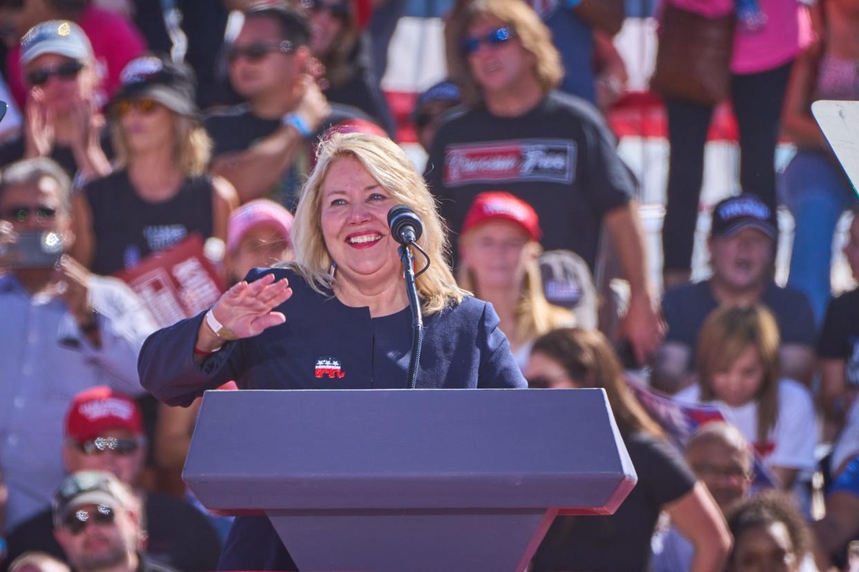 U.S. Rep. Debbie Lesko takes the stage to deliver remarks during former President Donald Trump's rally at Legacy Sports Park in Mesa on Oct. 9, 2022.