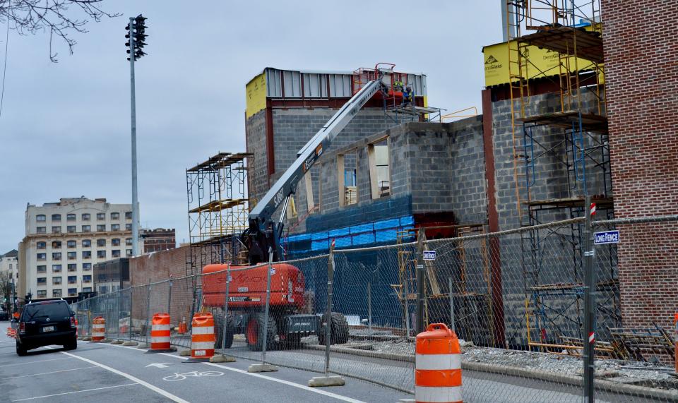 Construction along the Summit Avenue side of Meritus Park, the future home of the Flying Boxcars, on Tuesday, March 5, 2024.