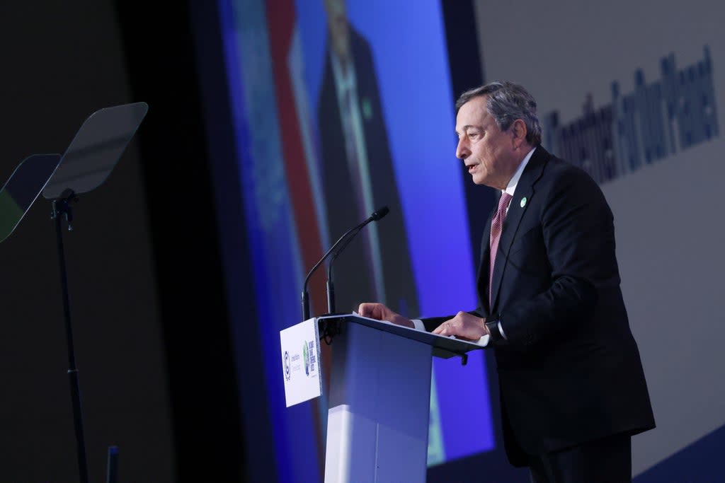 Italy’s Prime Minister Mario Draghi delivers a speech at the opening ceremony for the Cop26 summit (Yves Herman/PA) (PA Wire)