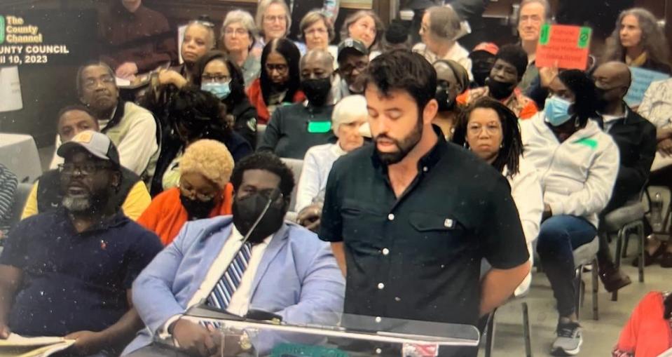 Elivio Tropeano of Pine Island Property Holdings LLC talks about a proposed development on St. Helenaville and Pine Island at the Beaufort County Council meeting Monday.