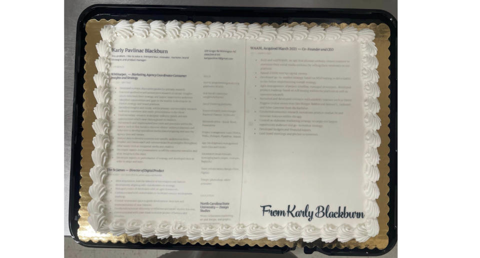 The cake with the resume on top.
