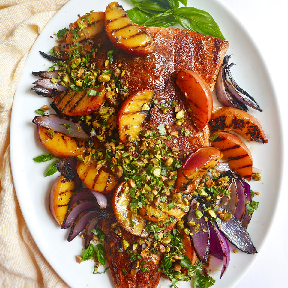 Grilled Salmon and Peaches with Basil-Pistachio Gremolata