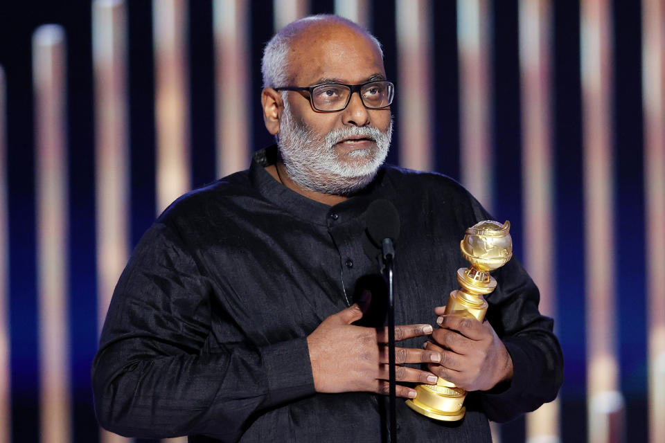 M.M. Keeravani accepts the Best Original Song award during the Golden Globe Awards (Rich Polk / NBC via Getty Images)