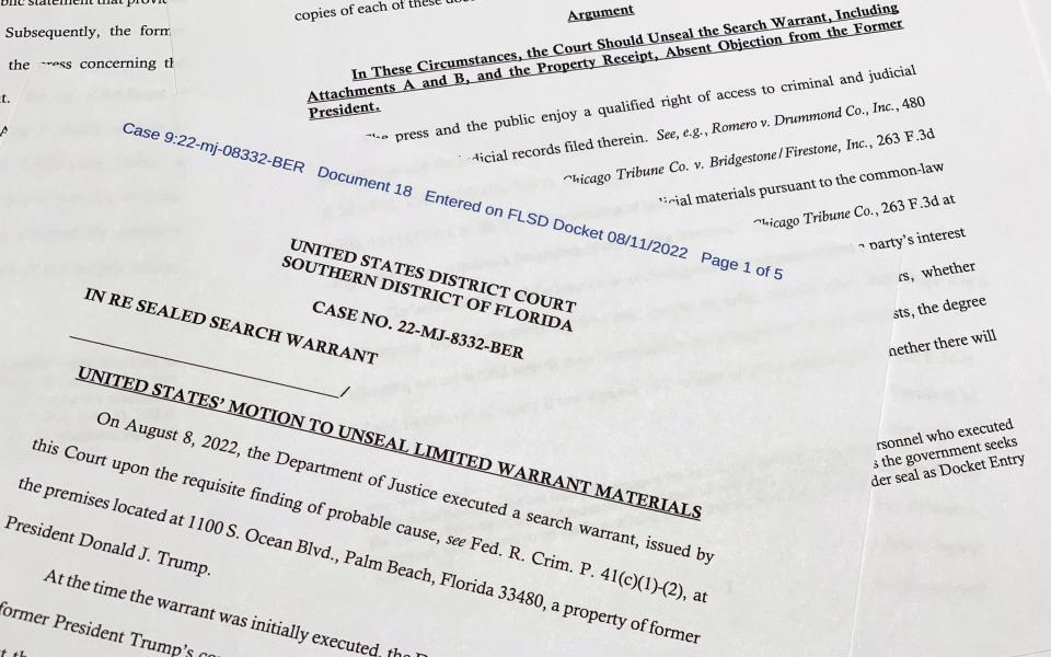 The motion by the Justice Department to the US District Court South District of Florida to unseal the search warrant the FBI received before searching Mar-a-Lago - AP