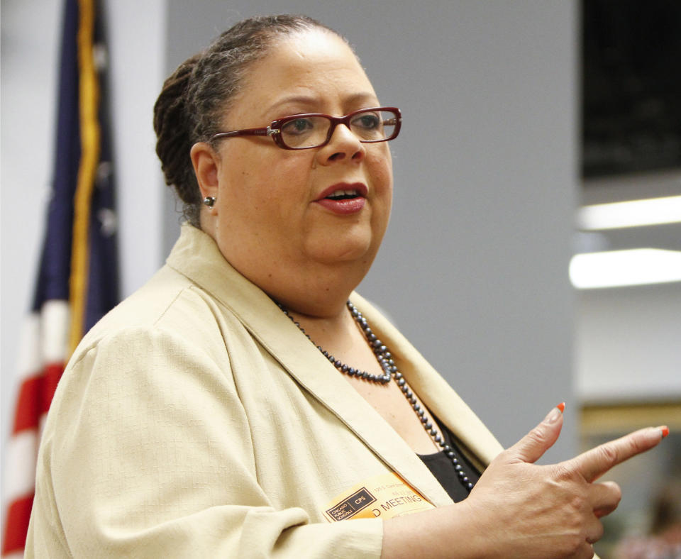 In this Aug. 22, 2012 photo, Chicago Teachers Union President Karen Lewis speaks at a Chicago Board of Education meeting in Chicago. Lewis said more than 26,000 teachers and support staff in the nation’s third-largest school district don’t want to strike, but are prepared to do so for the first time in 25 years. It would be the first big-city strike since Detroit teachers walked off the job for 16 days in 2006. The last Chicago teacher’s strike was in 1987 and lasted 19 days. (AP Photo/Sitthixay Ditthavong)