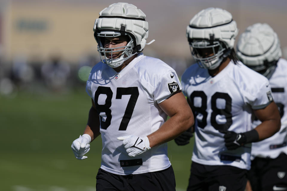 Las Vegas Raiders tight end Michael Mayer (87) participates during a practice at NFL football training camp Thursday, July 27, 2023, in Henderson, Nev. (AP Photo/John Locher)