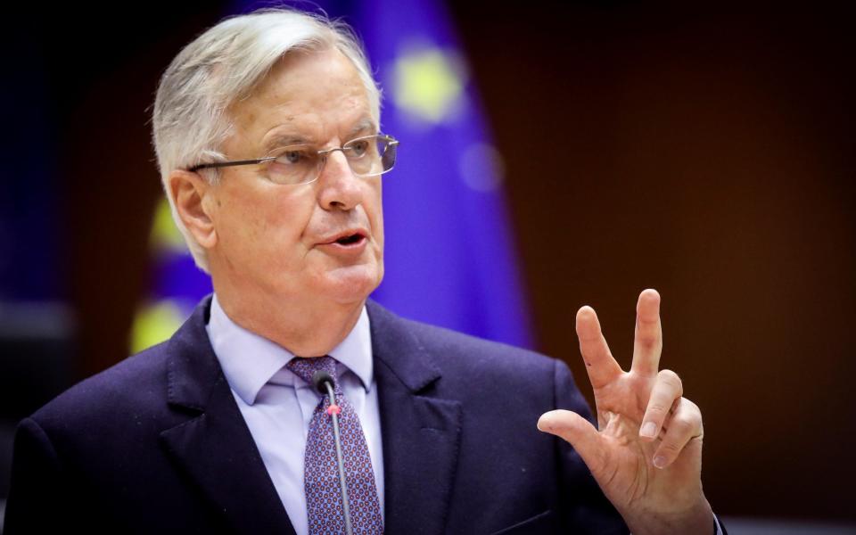 Head of the Task Force for Relations with the UK, Michel Barnier speaks in European Parliament on April 27, 2021 - Reuters
