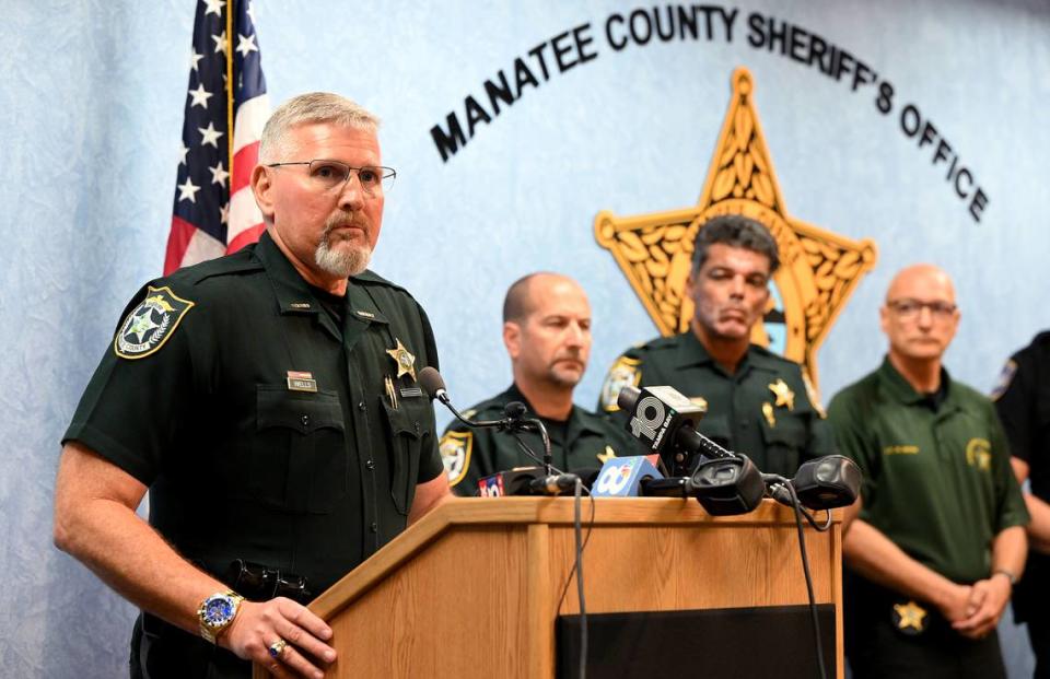 Manatee Sheriff Rick Wells briefs the press after a shooting that happened around 3:30 a.m. Friday, May 24, 2024. The Manatee County Sheriff’s Office says Sean Calcutti is charged with attempted murder after he tried to break into a nursing home and shot a deputy in the arm.