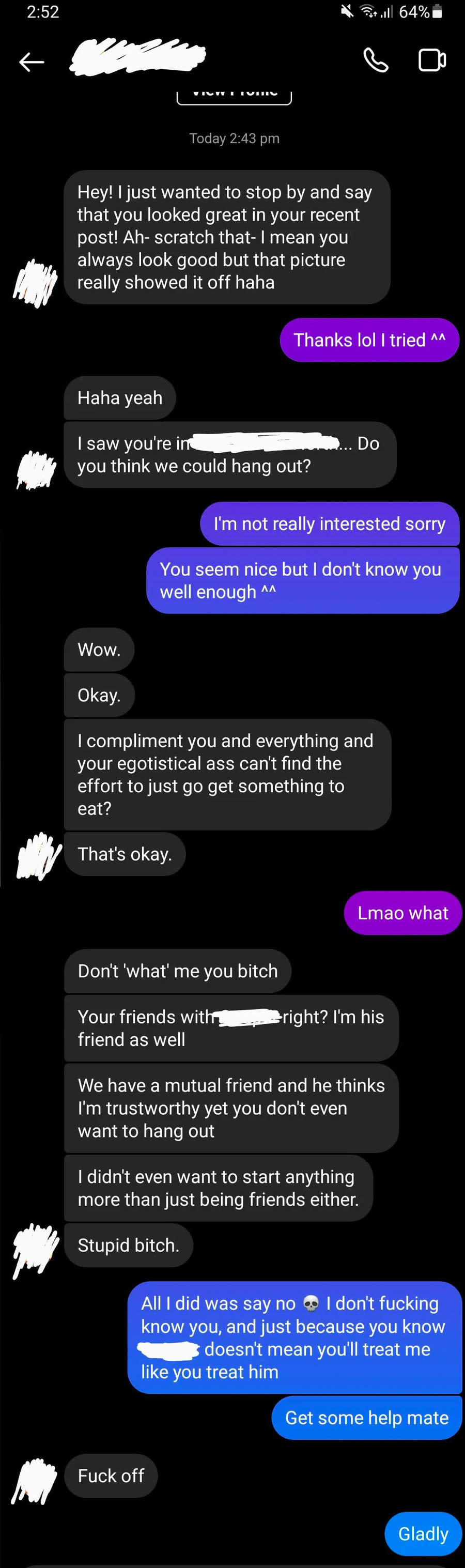 Text exchange with a guy telling a woman, "I didn't even want to start anything more than just being friends either. Stupid bitch."