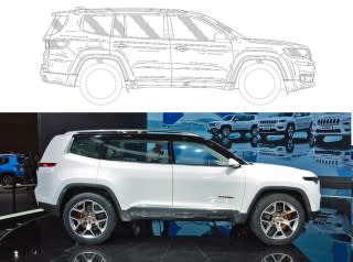 Jeep seven-seat SUV patent drawing versus Jeep Yuntu concept