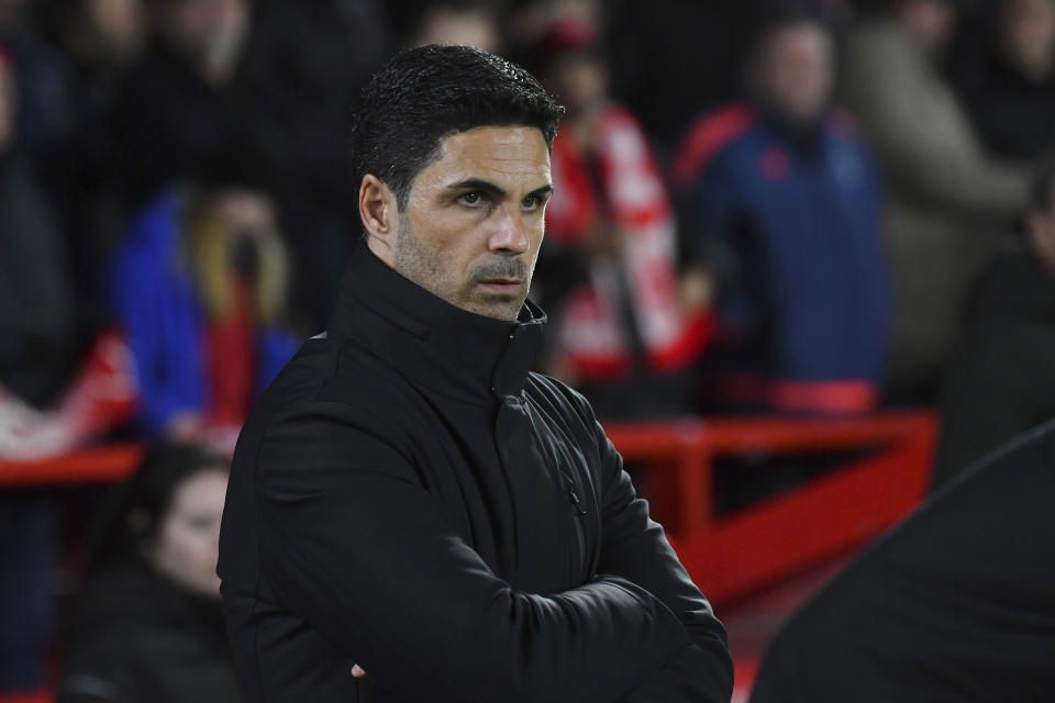 Arsenal's manager Mikel Arteta stands before the English Premier League soccer match between Nottingham Forest and Arsenal at the City Ground stadium in Nottingham, England, Tuesday, Jan. 30, 2024. (AP photo/Rui Vieira)