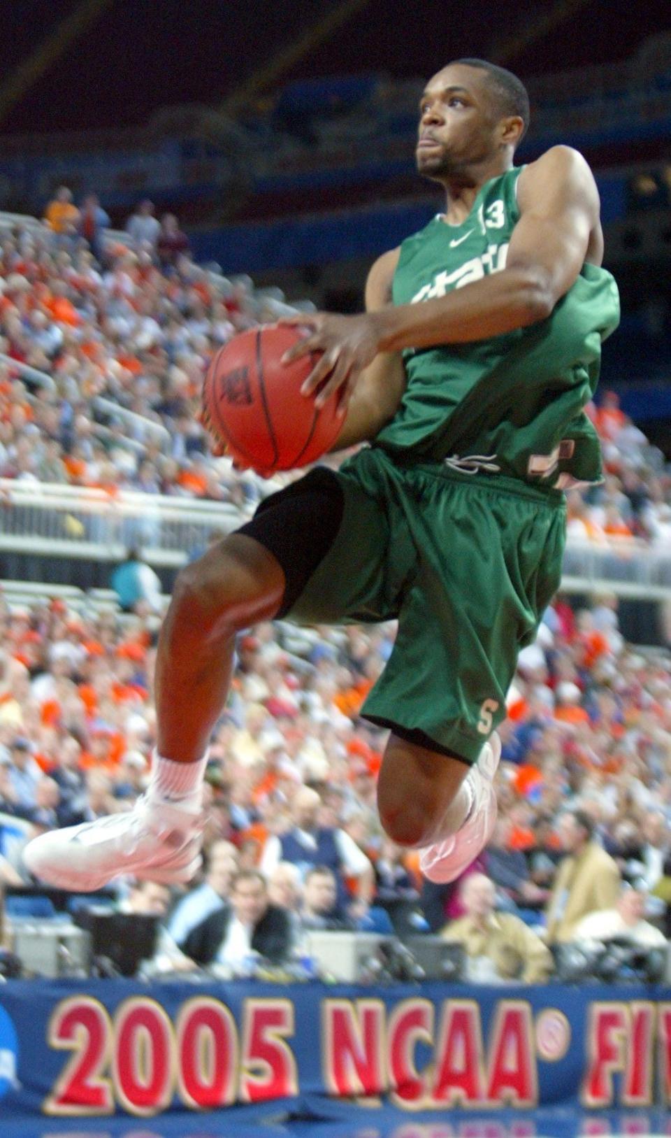 Michigan State's Maurice Ager, (13), flys to the hoop during practice at the 2005 NCAA Division 1 Men's Basketball Final Four Championships, Friday April 1, 2005, at the Edward Jones Dome in St Louis, Missouri. DAVID P. GILKEY/Detroit Free Press
