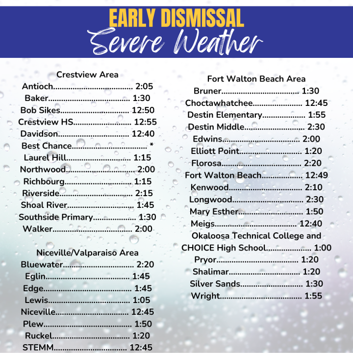 Screenshot of an early-dismissal schedule for Okaloosa County Public Schools