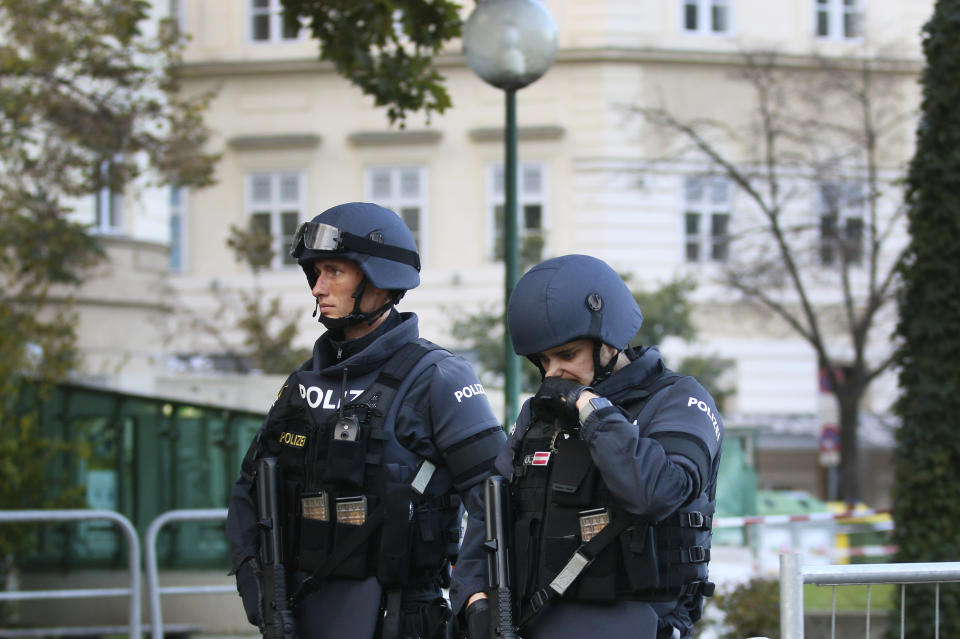 After a shooting armed police officers patrol on a street at the scene in Vienna, Austria, Tuesday, Nov. 3, 2020. Police in the Austrian capital said several shots were fired shortly after 8 p.m. local time on Monday, Nov. 2, in a lively street in the city center of Vienna. Austria's top security official said authorities believe there were several gunmen involved and that a police operation was still ongoing. (Photo/Ronald Zak)