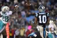 Nov 13, 2017; Charlotte, NC, USA; Carolina Panthers wide receiver Curtis Samuel (10) tries to catch the ball as Miami Dolphins cornerback Bobby McCain (28) defends in the third quarter at Bank of America Stadium. Bob Donnan-USA TODAY Sports