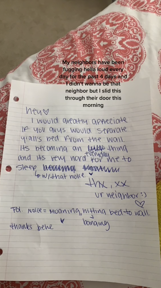 A woman was left stunned after receiving a hilarious response after complaining to her neighbour about their loud bedroom activities. Photo: TikTok/victoriahuneidi29