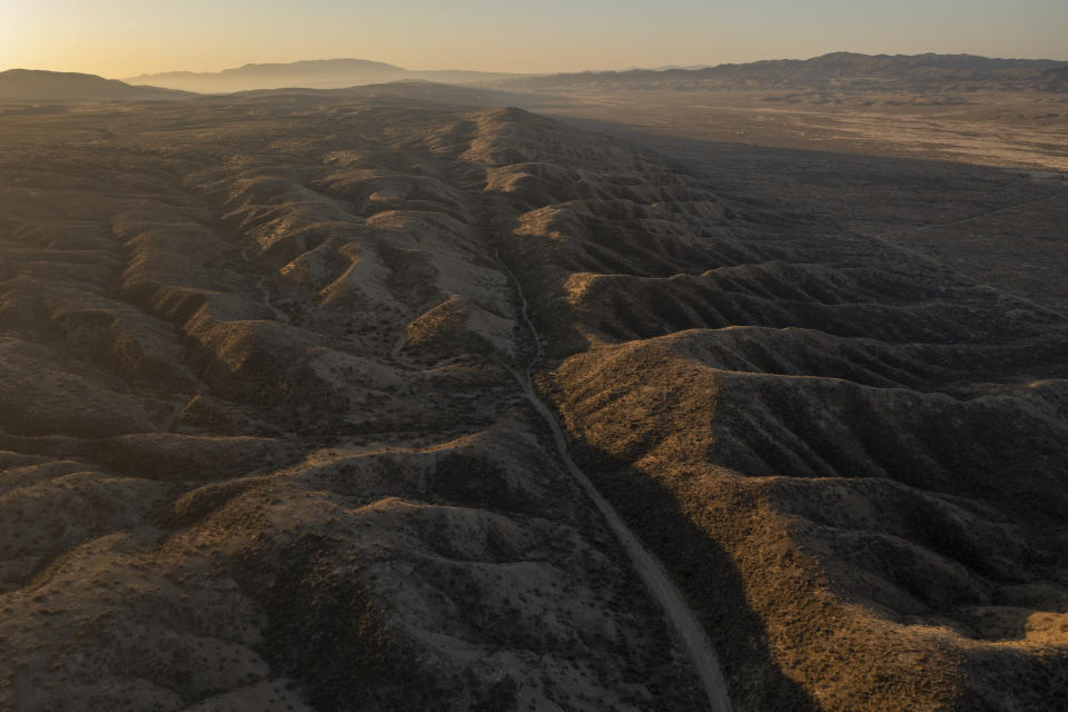 In an aerial view from a drone, the San Andreas Fault and Elkhorn Scarp are seen south of Carrizo Plain on March 28, 2021, north of New Cuyama, California.  / Credit: David McNew/Getty Images