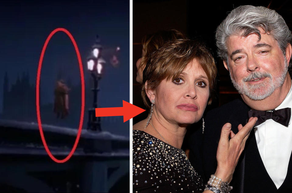 A couple floating over a bridge, and Carrie fisher pointing at George Lucas at an event