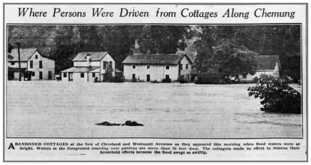 From page 2 of the Star-Gazette on July 9, 1935: Cottages at the foot of Cleveland and Westmont Avenues were abandoned before residents could gather personal items as floodwaters quickly swept through the area.