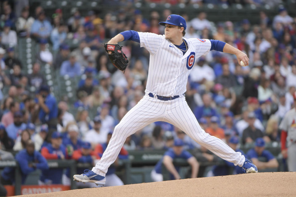 Chicago Cubs starting pitcher Justin Steele throws against the St. Louis Cardinals during the first inning of a baseball game, Sunday, June 5, 2022, at Wrigley Field in Chicago. (AP Photo/Mark Black)