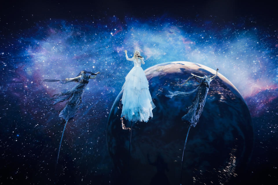 FILE - Kate Miller-Heidke of Australia performs during the 2019 Eurovision Song Contest semifinal in Tel Aviv, Israel, May 14, 2019. The 68th Eurovision Song Contest is taking place in May in Malmö, Sweden. It will see acts from 37 countries vie for the continent’s pop crown. Founded in 1956, Eurovision is a feelgood extravaganza that strives to banish international strife and division. It’s known for songs that range from anthemic to extremely silly, often with elaborate costumes and spectacular staging. (AP Photo/Sebastian Scheiner, File)