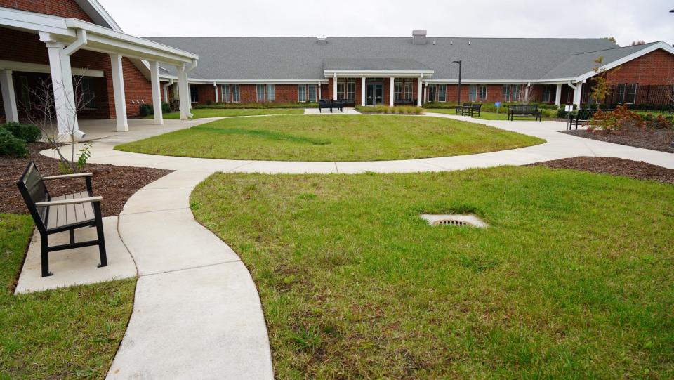 A courtyard at the North Carolina State Veterans Home in Kernersville, which opened in the fall. It is one of five skilled nursing homes for veterans managed by the North Carolina Department of Military and Veterans Affairs.