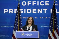 Vice President-elect Kamala Harris speaks as she and President-elect Joe Biden introduce their nominees and appointees to economic policy posts at The Queen theater, Tuesday, Dec. 1, 2020, in Wilmington, Del. (AP Photo/Andrew Harnik)